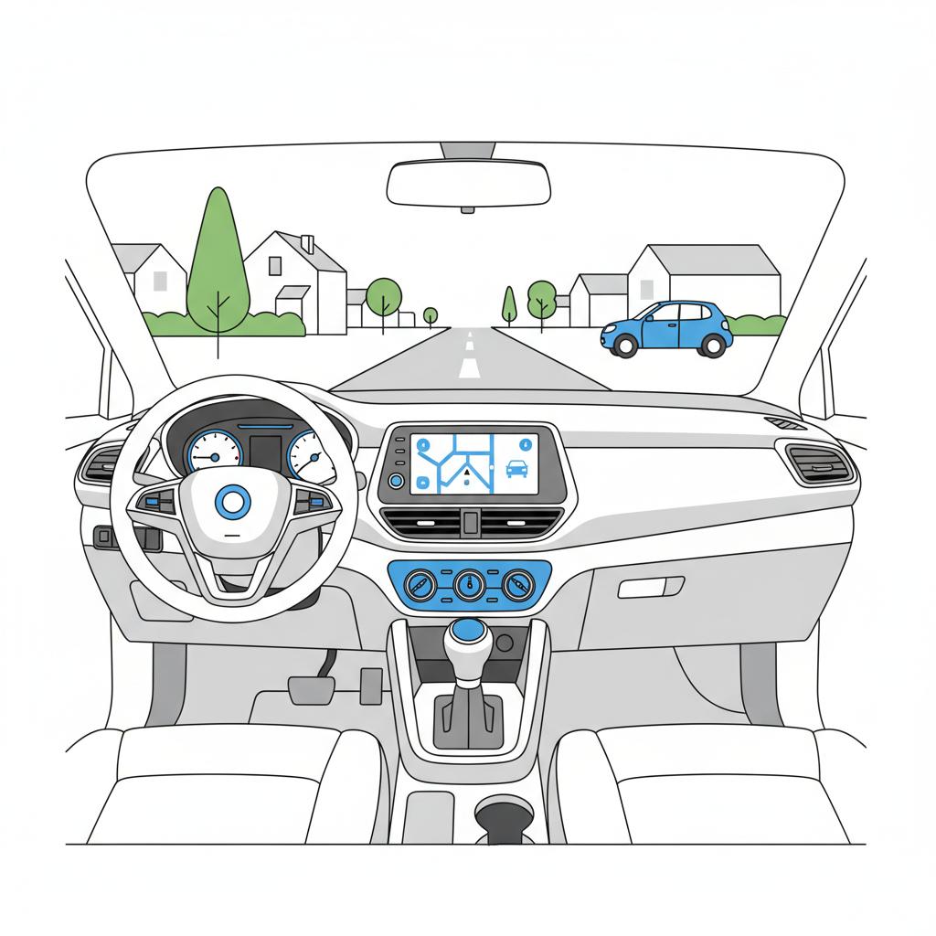 Minimalist 2D vector interior view of a compact SUV dashboard center console and infotainment with visible gear shifter and suburban road outside toyota rav 4 for sale near me