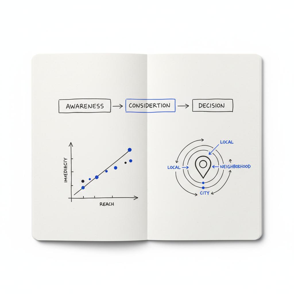is X good for real estate agents - minimalist notebook sketches of a local customer journey map, an immediacy vs reach chart and a concentric map-pin, lines #39383f and accents #1a5bfb
