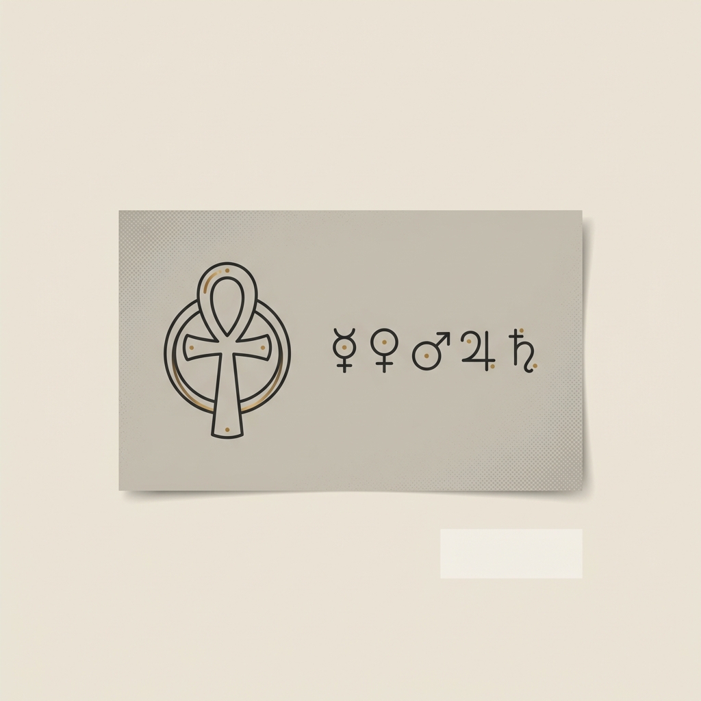 Minimalist 2D vector museum style display of an ankh amulet and comparative planetary symbols on aged paper on beige background ankh rings for women