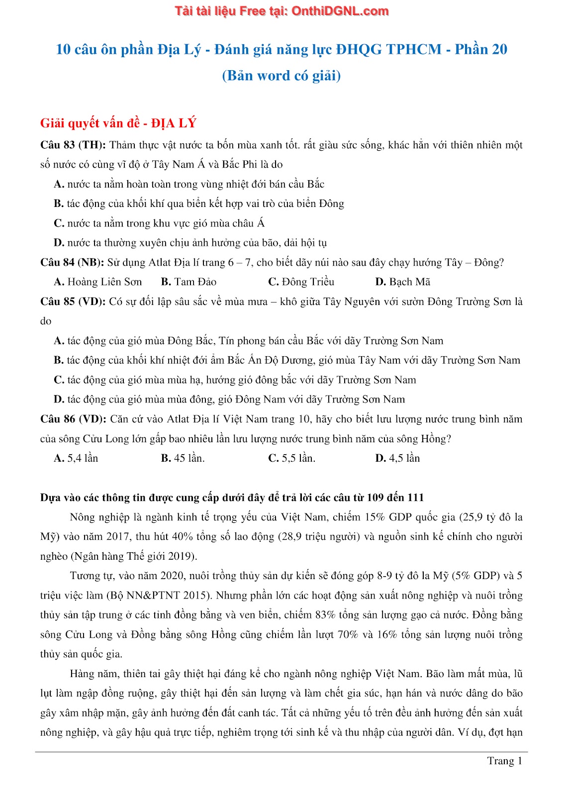 250 bài tập môn Địa Lý - Ôn thi ĐGNL ĐHQG TP HCM Phần 20