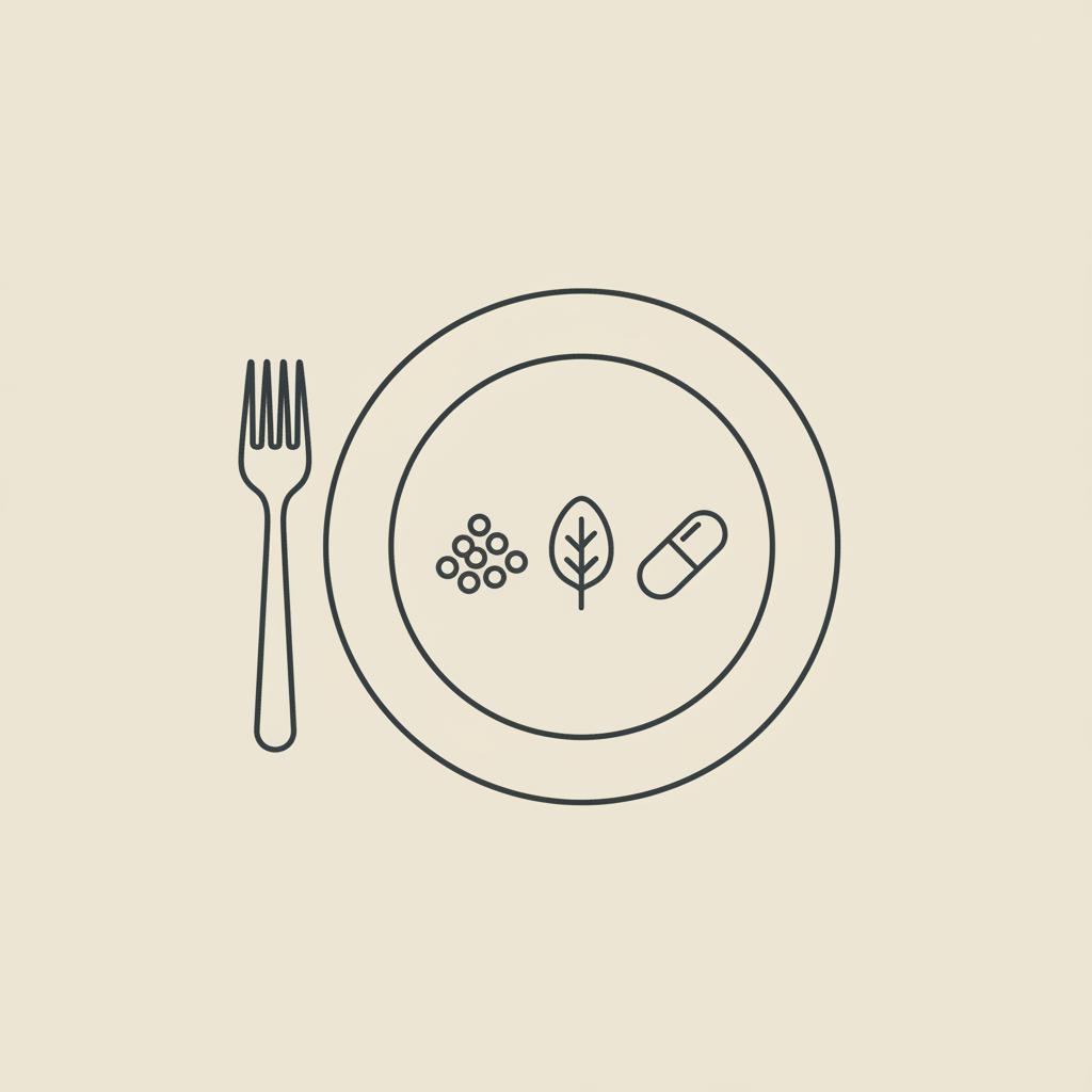Minimal vector plate with fork, quinoa, spinach leaf and supplement capsule on beige background representing a gluten-free diet