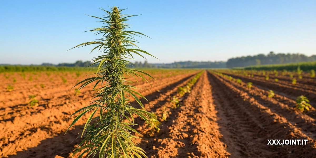 Pianta di cannabis sativa alta con foglie sottili in campo soleggiato.