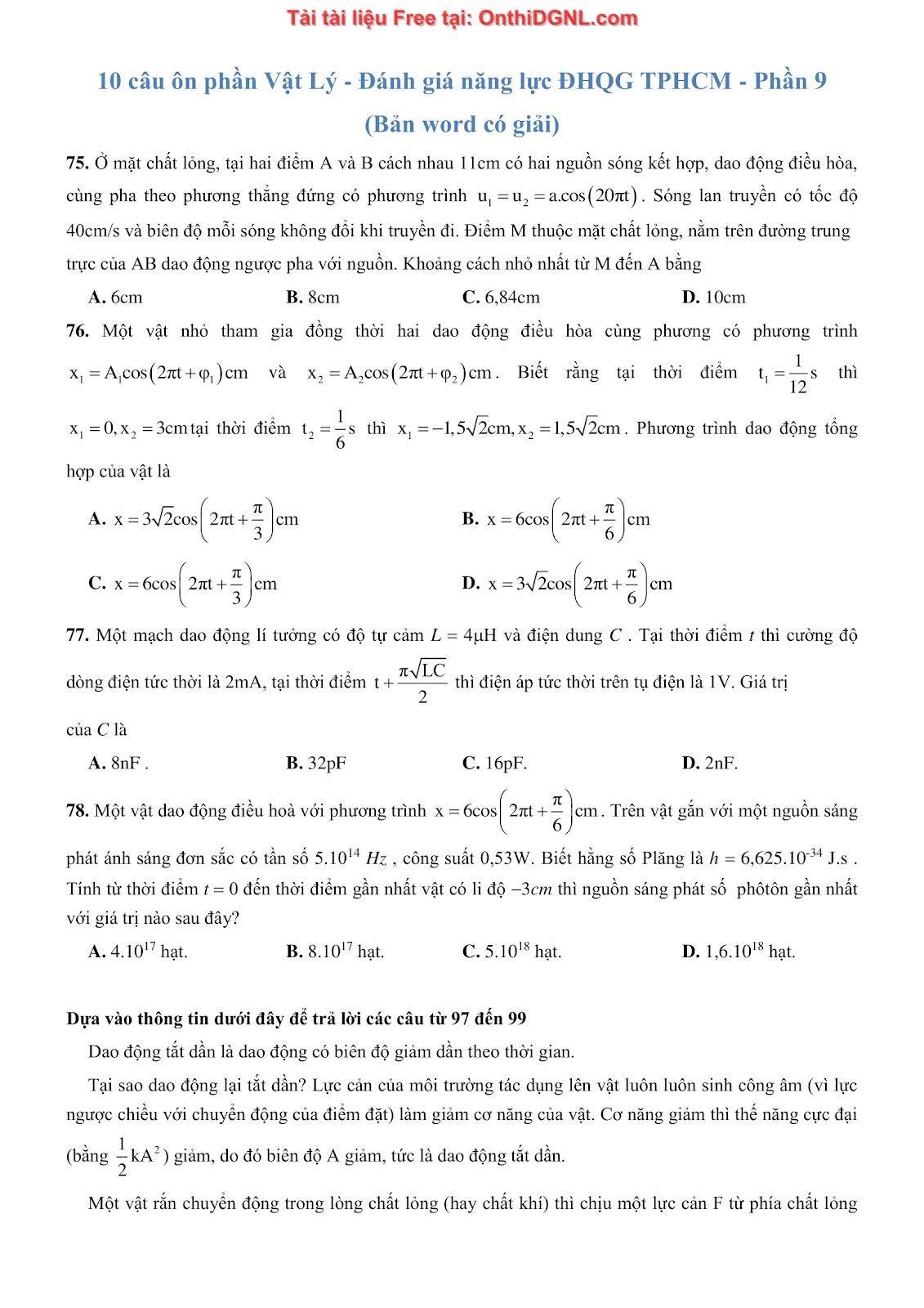 300 bài tập môn Vật Lý - Ôn thi ĐGNL ĐHQG TPHCM Phần 9