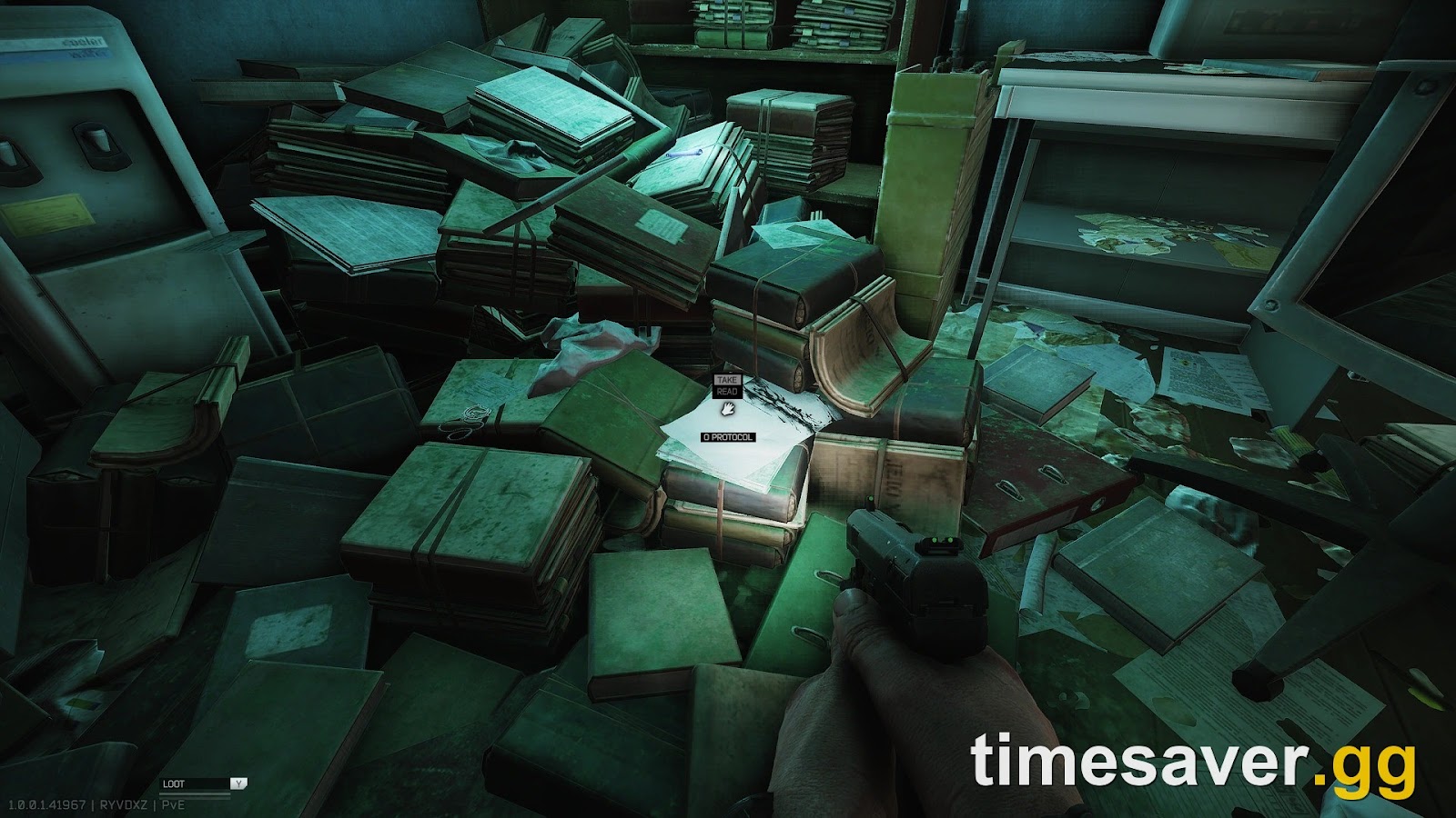 A room full of scattered TerraGroup documents in an Escape from Tarkov raid with one highlighted for looting, used to progress the Kord Breach Battle Pass