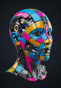 Deconstructed Cybernetic Head Colorful Cubes Abstract 3D
