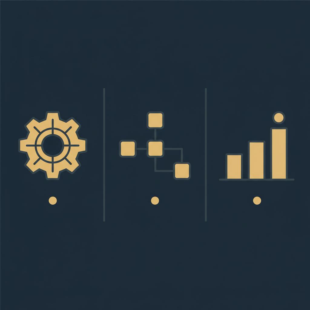 Minimal 2D vector infographic with three vertical icon panels (gear, schema nodes, bar chart) on dark blue background &mdash; is all in one seo any good?