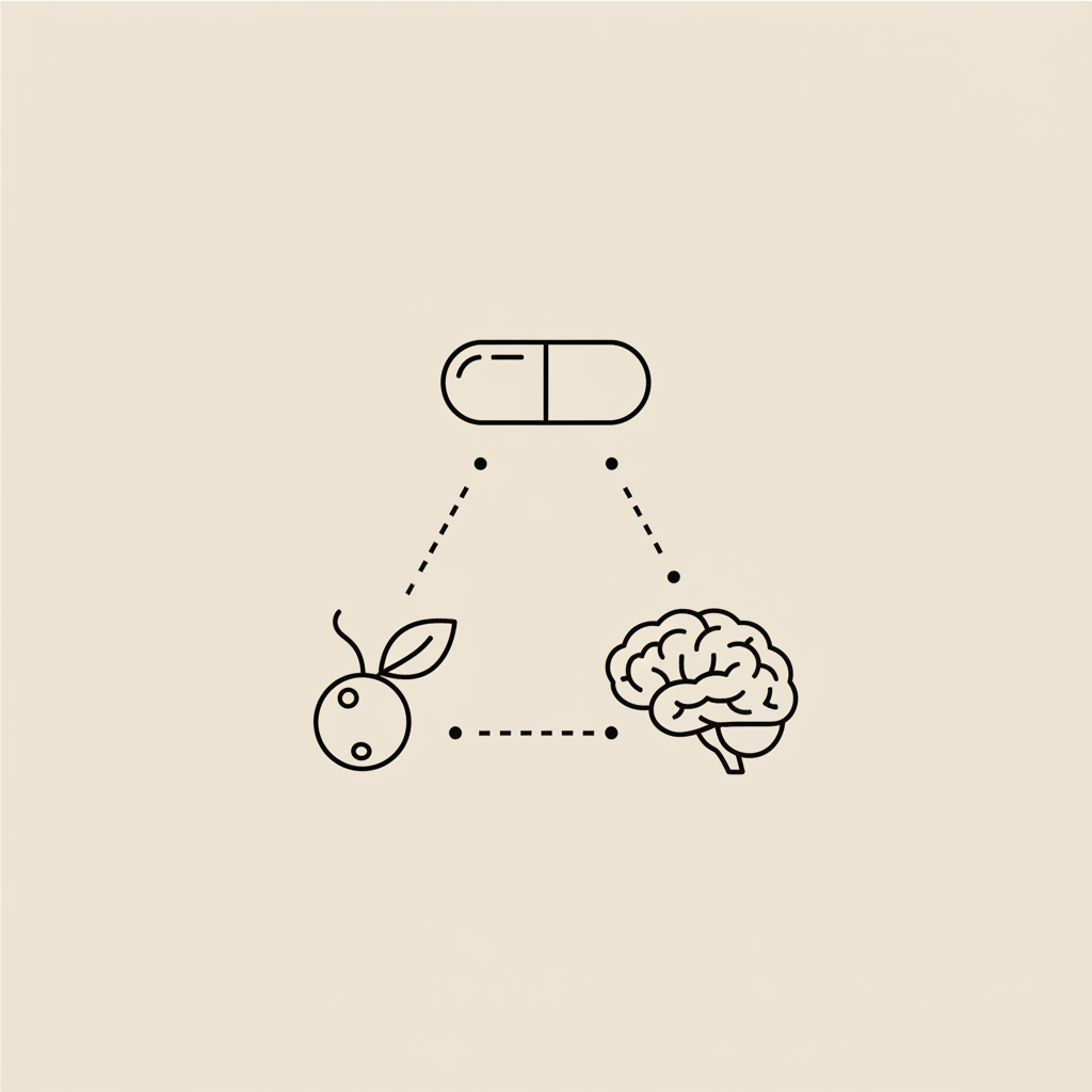 Minimalist line illustration of a capsule, a coffee berry, and a stylized brain on beige background, representing a cognitive supplement comparison — Neuriva vs Prevagen