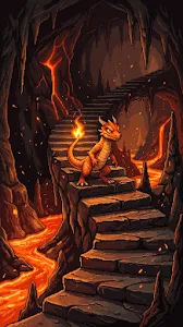 Pixel Art Illustration of a Fire Lizard Character in a Lava Cave
