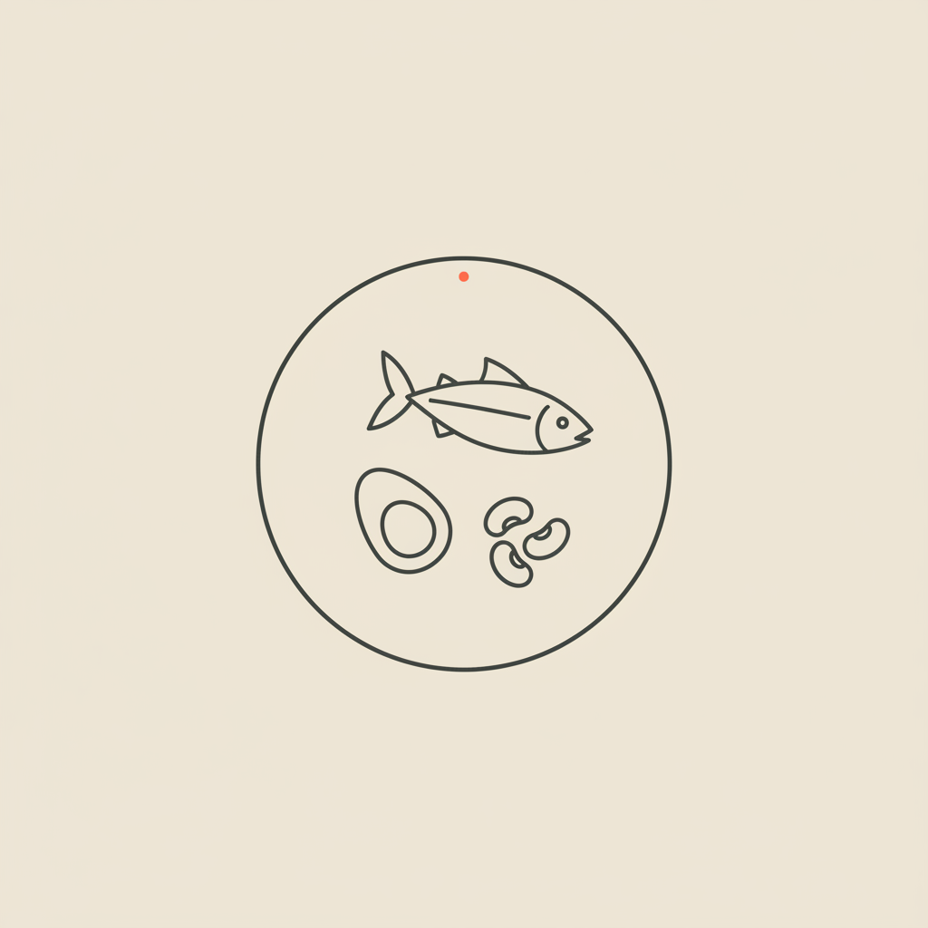 Minimalist Tonum-style line illustration of a plate with an egg, fish outline, and a small cluster of beans representing balanced protein sources for 30g protein per meal on a beige background.