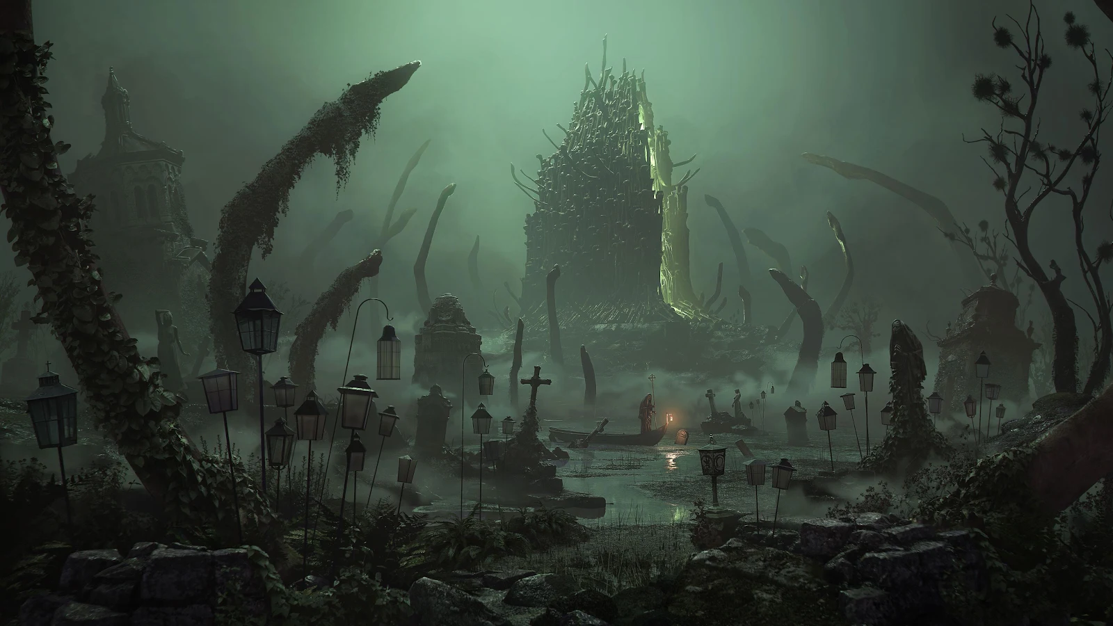 Eerie Swamp Graveyard Scene - Dark Fantasy Concept 4K Wallpaper (3840x2160)