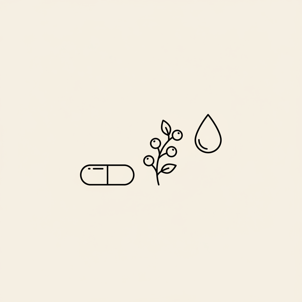 Minimal Tonum-style line illustration of a capsule, berry sprig and water droplet on beige background, evoking supplements and hydration for best collagen for belly fat
