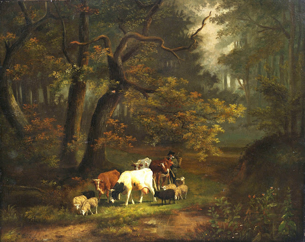 Waldinneres mit kleiner Kuh  und Schafherde 1871