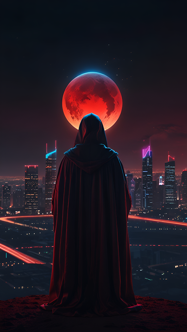 Hooded Figure Gazing at Blood Moon Over Neon City