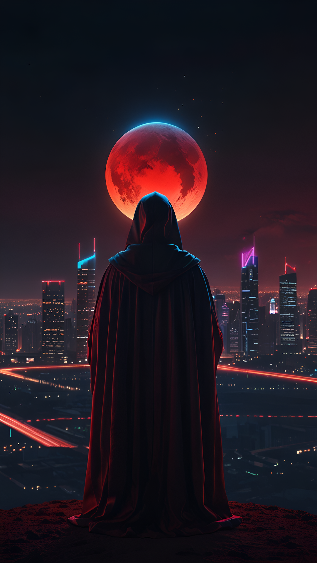 Hooded Figure Gazing at Blood Moon Over Neon City - Free 4K mobile Wallpaper