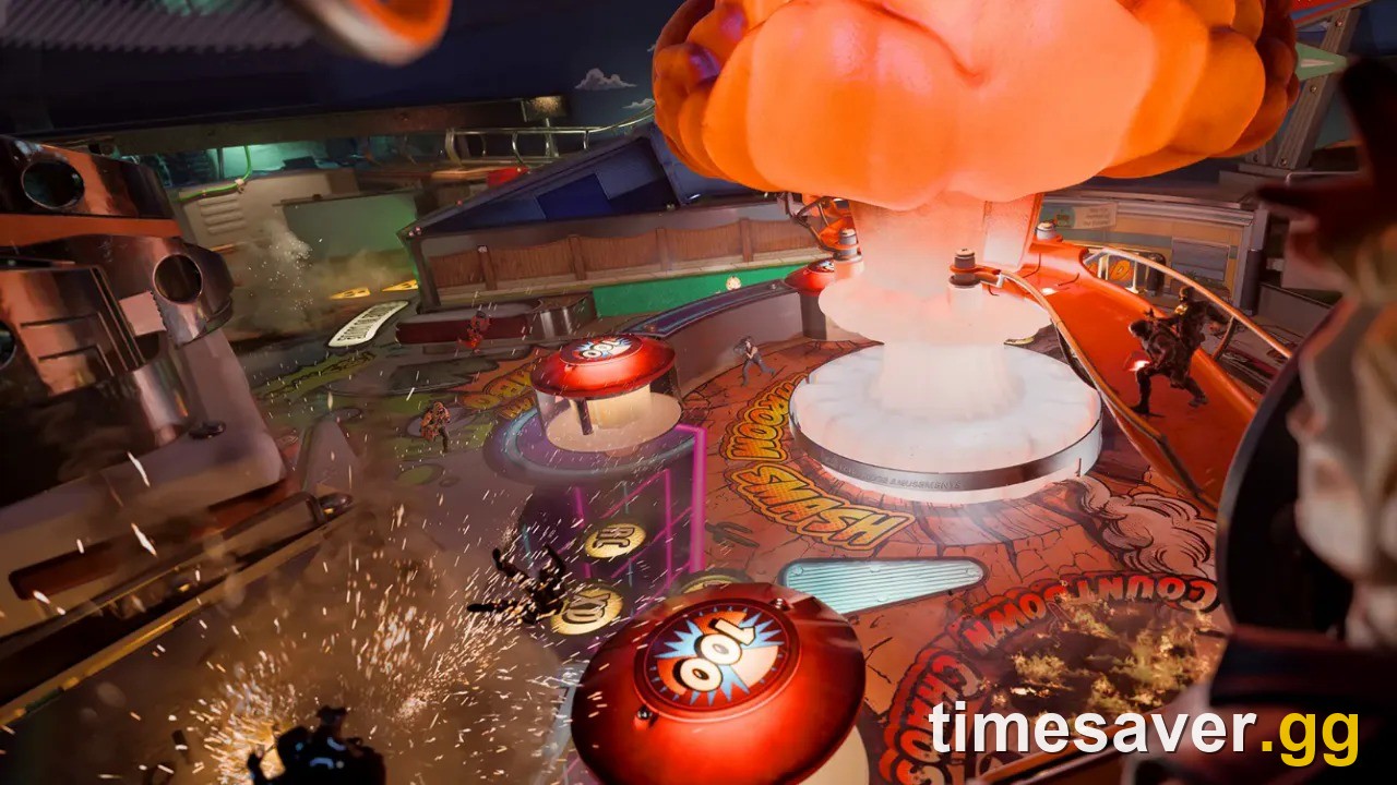 Overhead view of the Turbo Tilt pinball table with the oversized pinball rolling past the bumpers and central Nuke