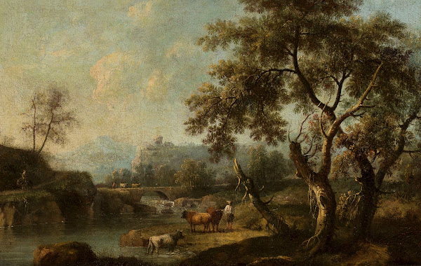 Mountain landscape with cattle at the waterhole