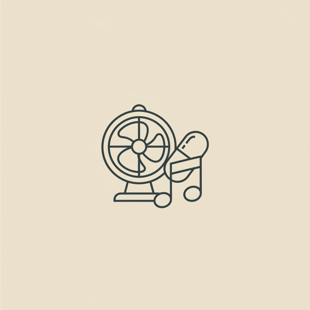 Minimalist Tonum-style 2D vector line illustration of a fan, capsule, and music note on beige background #F2E5D5, evoking sound, sleep and supplementation. How much chromium a day to lose weight?