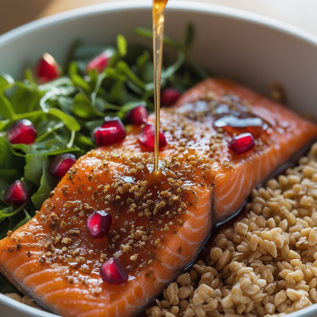 Final Crispy Sumac-Spiced Salmon & Freekeh Protein Power Bowl with Pomegranate-Ginger Glaze