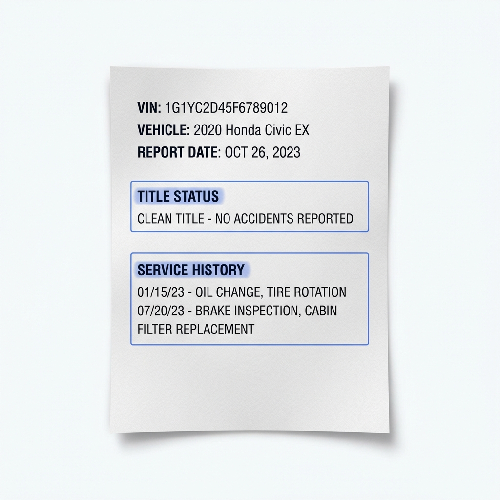 Close up of a vehicle history report page with title status and service history highlighted in blue to illustrate online car buying transparency