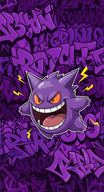 Gengar Character with Purple Graffiti Background - Free mobile Wallpaper