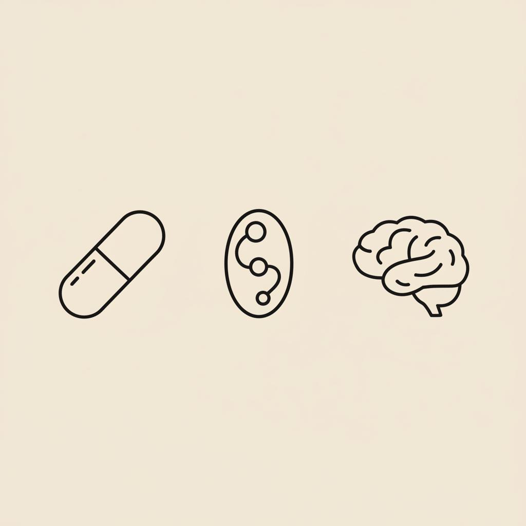 Minimal Tonum-style line illustration of a capsule, stylized mitochondrion, and brain aligned horizontally on beige background representing NAD supplement