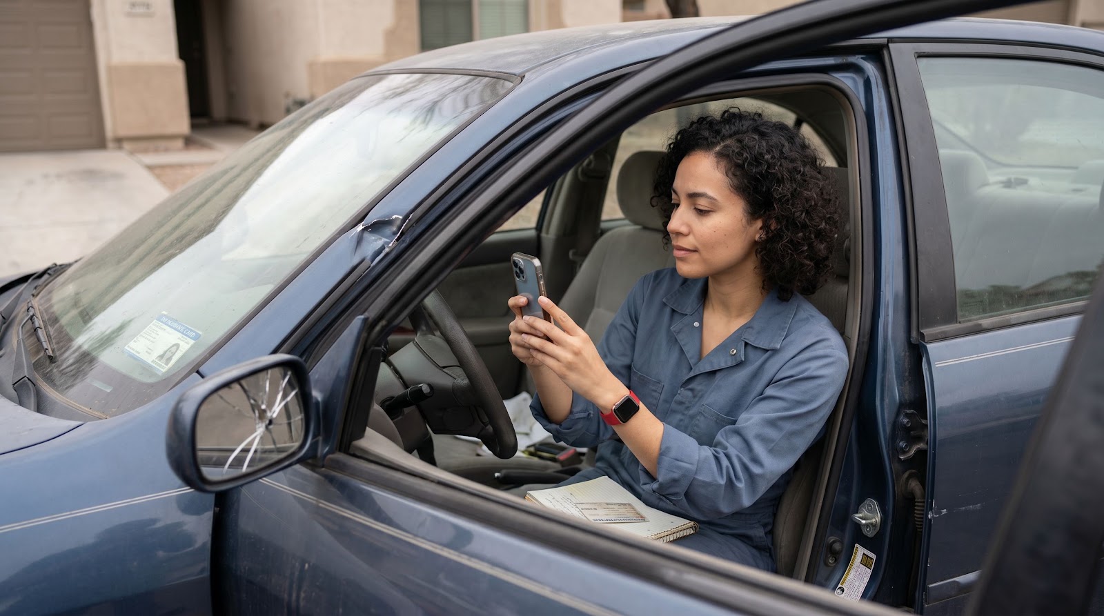 Woman documenting a texas dust storm car accident insurance claim from inside her car