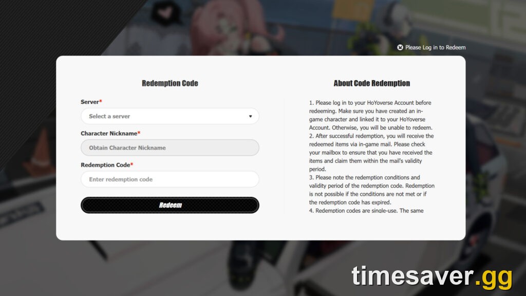 Official Zenless Zone Zero web redemption form with server, nickname and code fields
