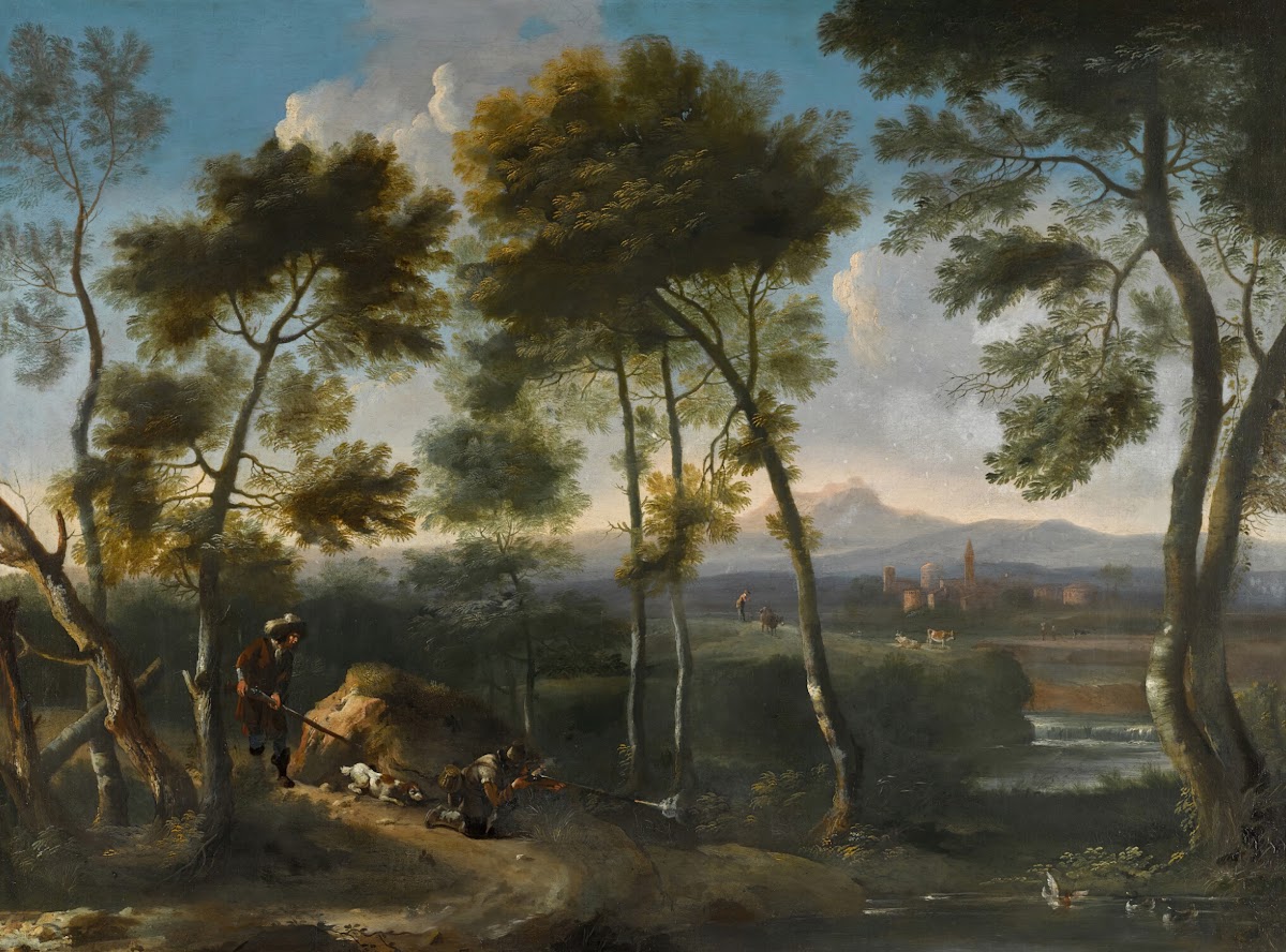 Italianate landscape with huntersshooting ducks