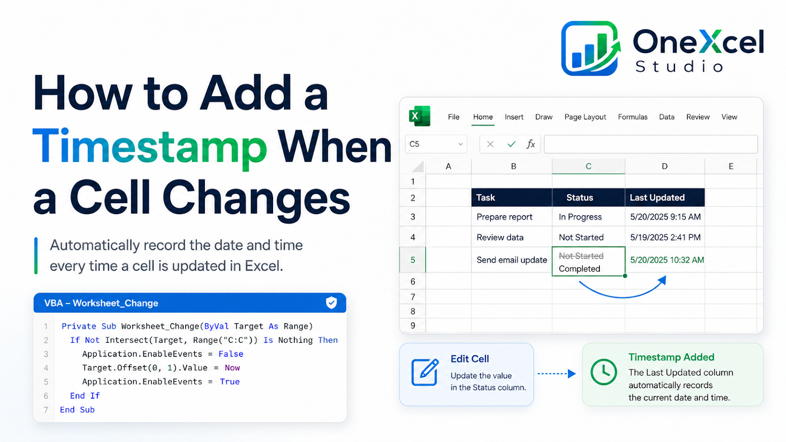 Excel VBA Worksheet_Change event adding a fixed timestamp when a cell changes