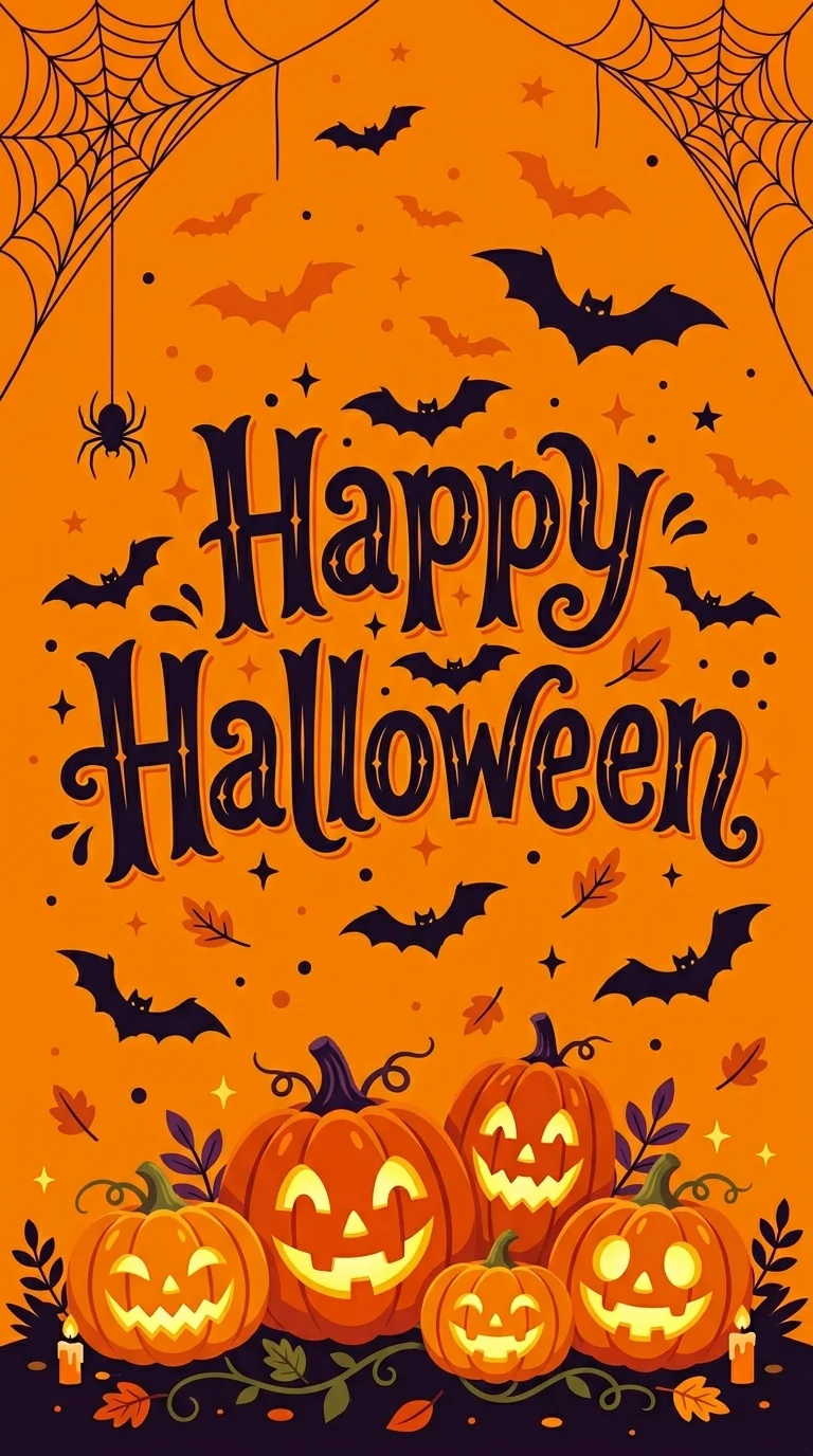 Happy Halloween Typography With Jack-o'-lanterns And Bats - Free 4K mobile Wallpaper