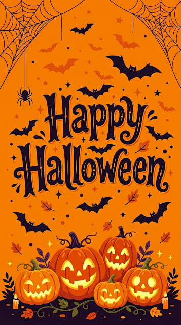 Happy Halloween Typography With Jack-o'-lanterns And Bats - Free mobile Wallpaper