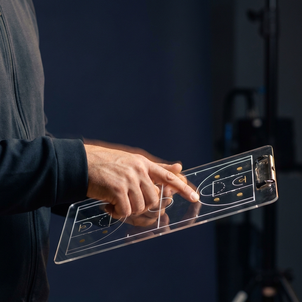 Close up of a coach pointing to a clipboard with a tactical court diagram under soft light for lakers pelicans prediction minimalist Funded Plays style dark background and subtle yellow accents