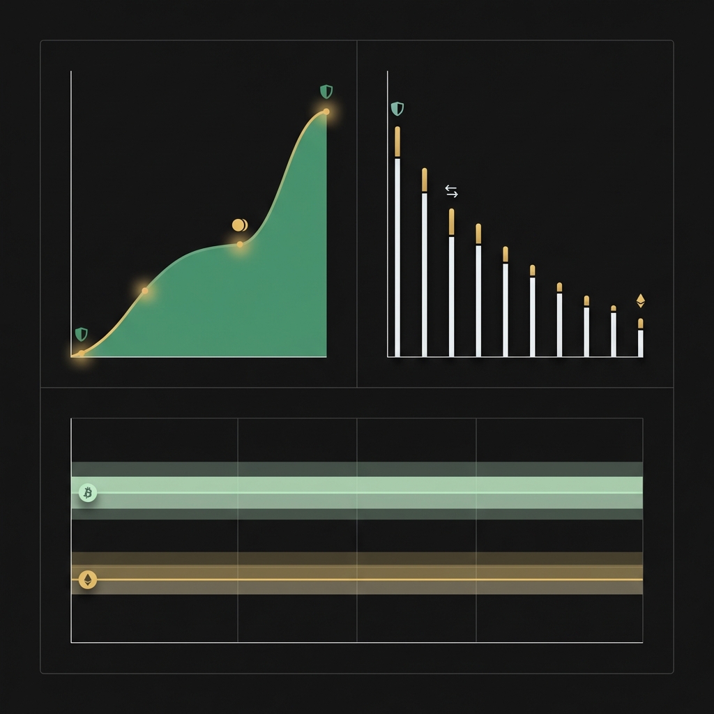 Minimal on chain dashboard showing rising stablecoin supply lines shrinking exchange inflow bars and BTC and ETH range markers in Finance Police dark style crypto market