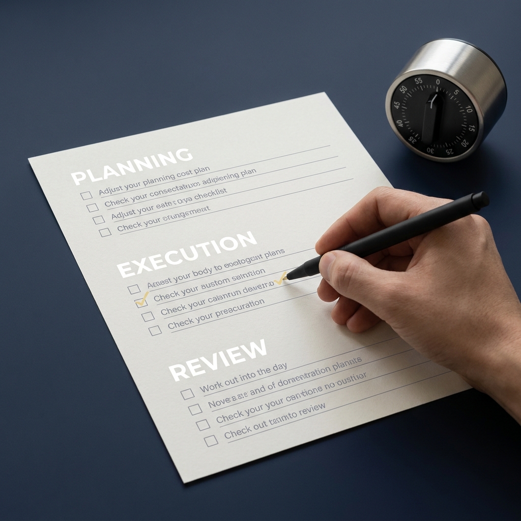 Close up checklist with headings planning execution review a pen and a timer and a hand checking an item illustrating Building a Sustainable Weekly Trading Schedule in a minimalist Funded Plays color palette