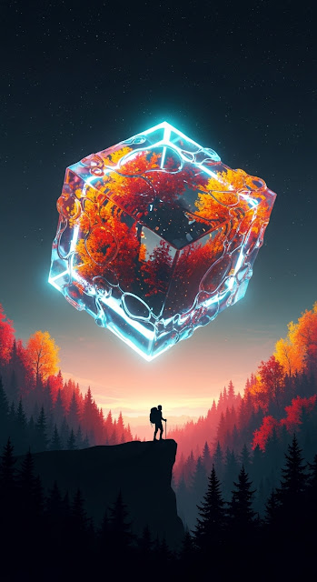 Surreal Sci-Fi Cube Over Vibrant Autumn Forest - Free mobile Wallpaper