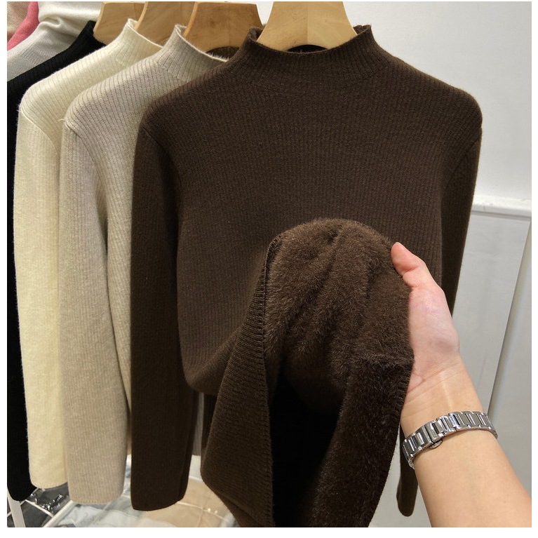 Women's knitted sweater, lined, high collar, warm