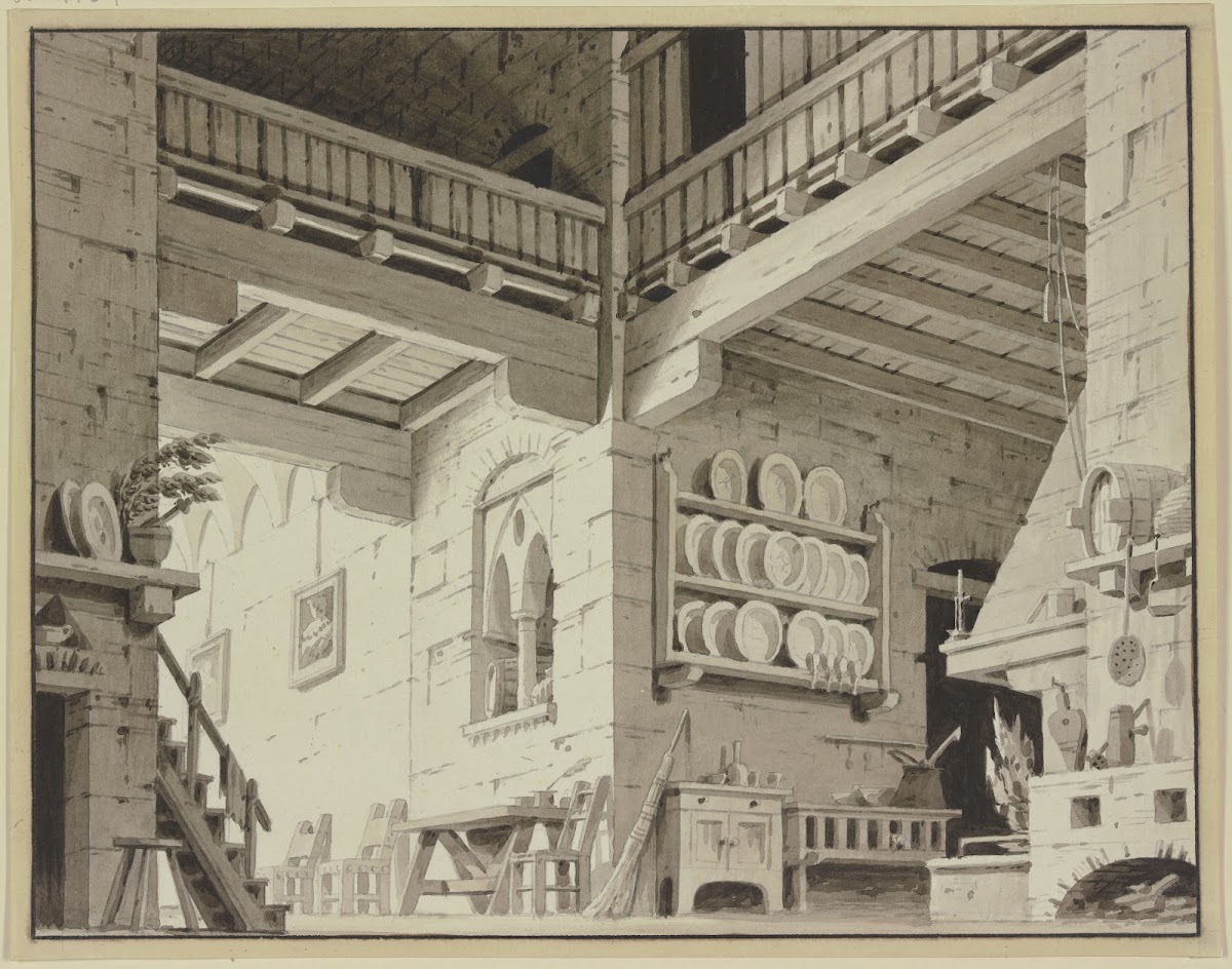 Bauernstube mit Küche und einer Holzdecke