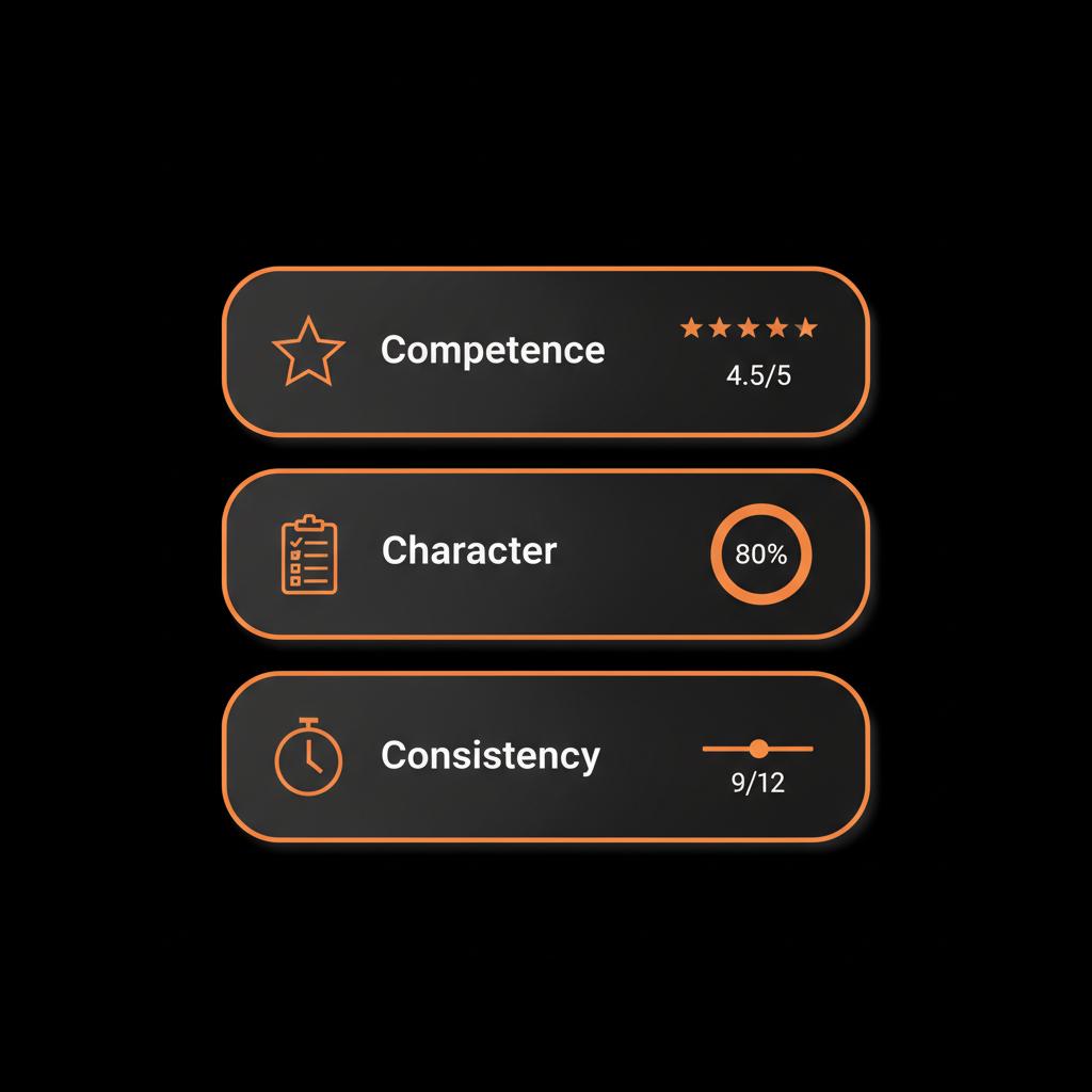 Minimal stacked-panel infographic showing Competence, Character, Consistency with icons and small data points emphasizing credibility in Social Success Hub brand colors