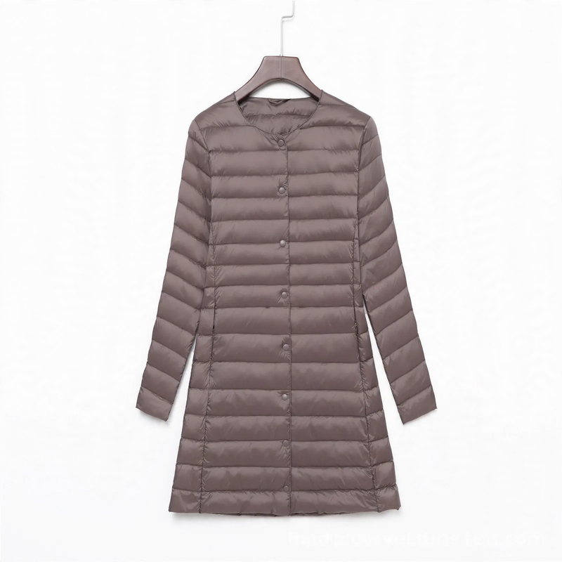 Lightweight women's down jacket, mid-length, with button placket