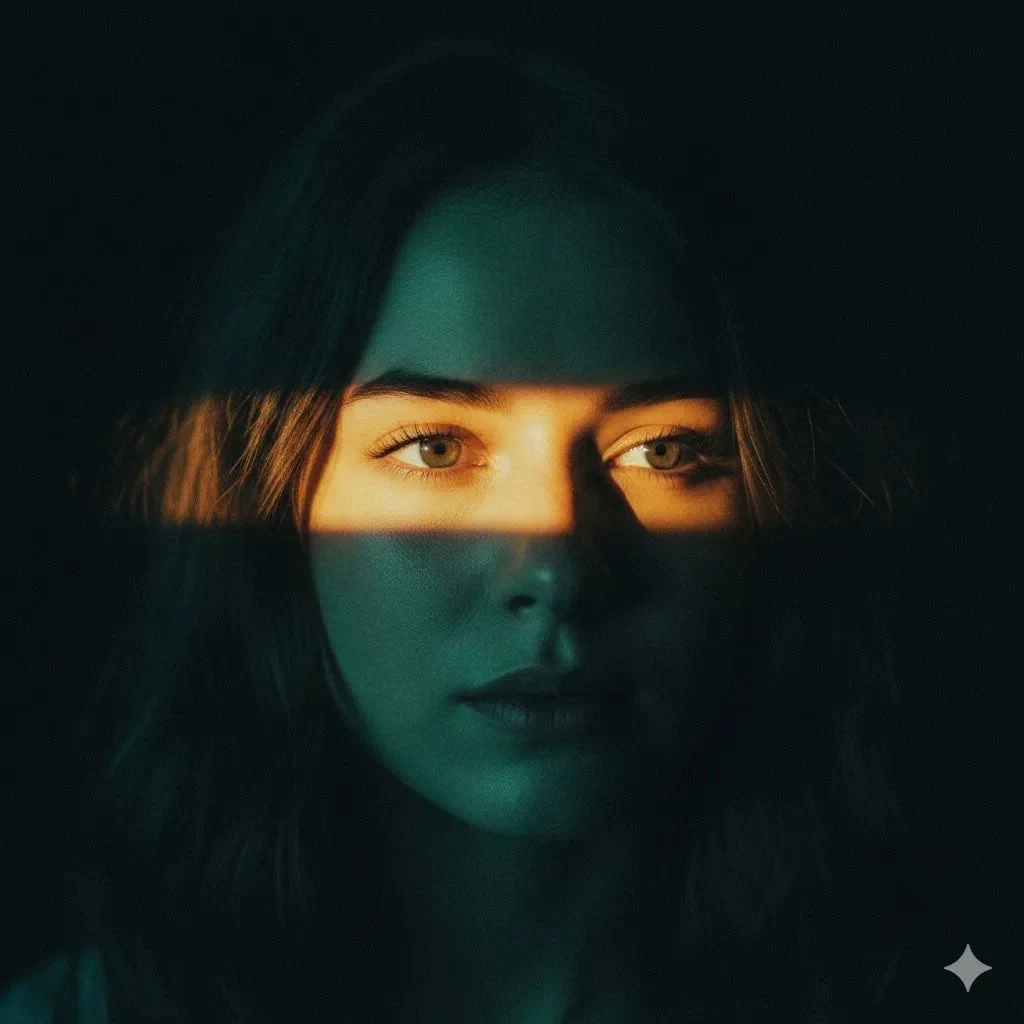 Retrato cinematográfico ultrarrealista de una joven con cabello castaño suave, composición centrada, ambiente oscuro y melancólico...