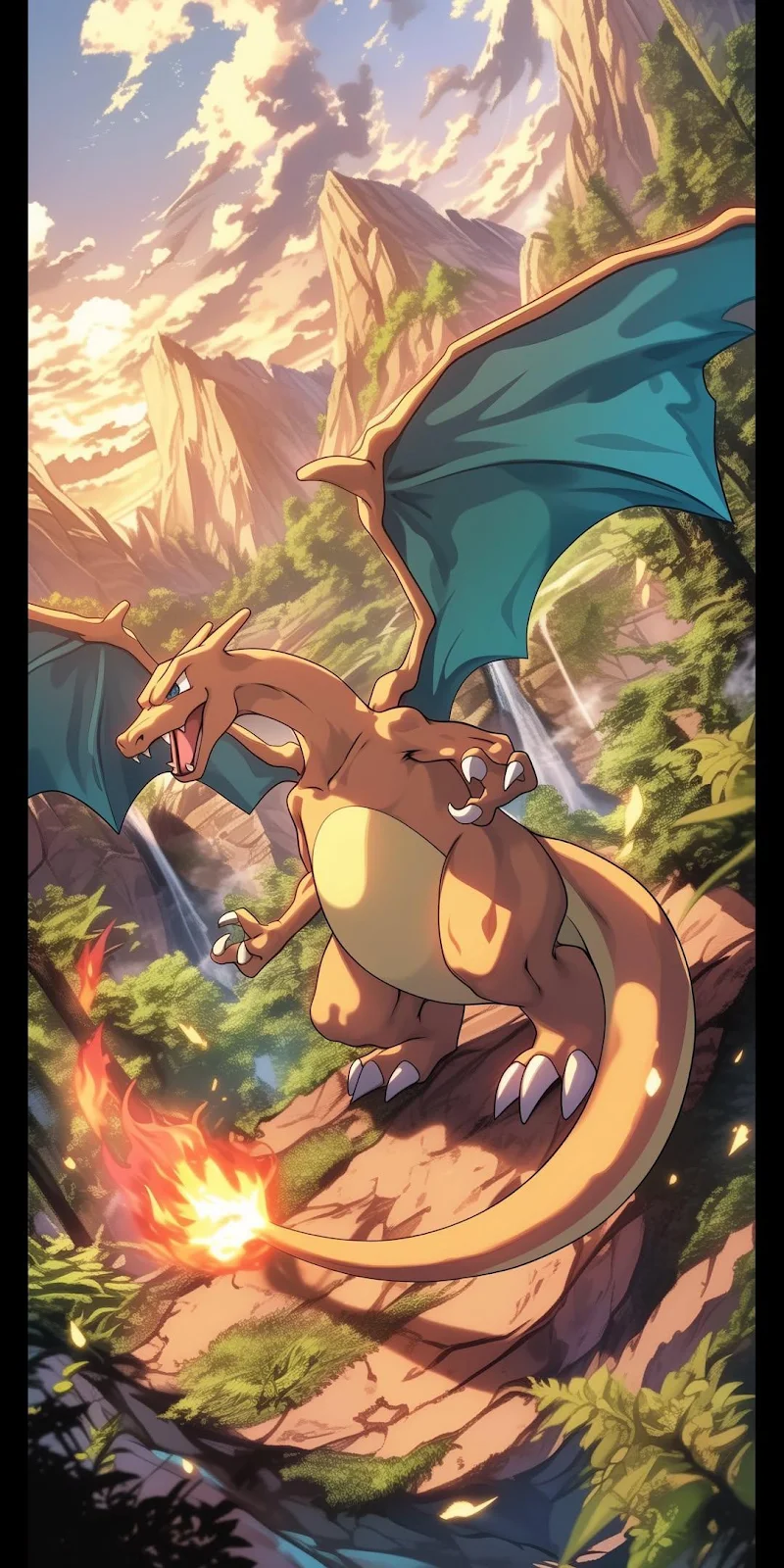 Charizard in Mountain Valley - Anime Digital Art Full HD iPhone Wallpaper (1080x2160)