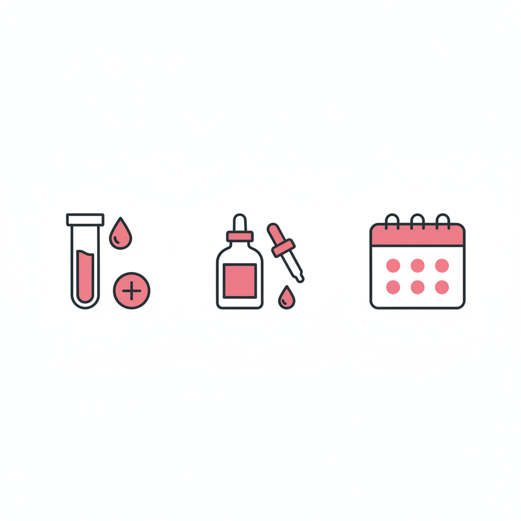 Minimalistische 2D-Vektor-Infografik mit drei Icons (Bluttest, Pflegeölflasche, Kalender) zur Illustration von brüchige Nägel, weißer Hintergrund und Akzente in #f57fb6.
