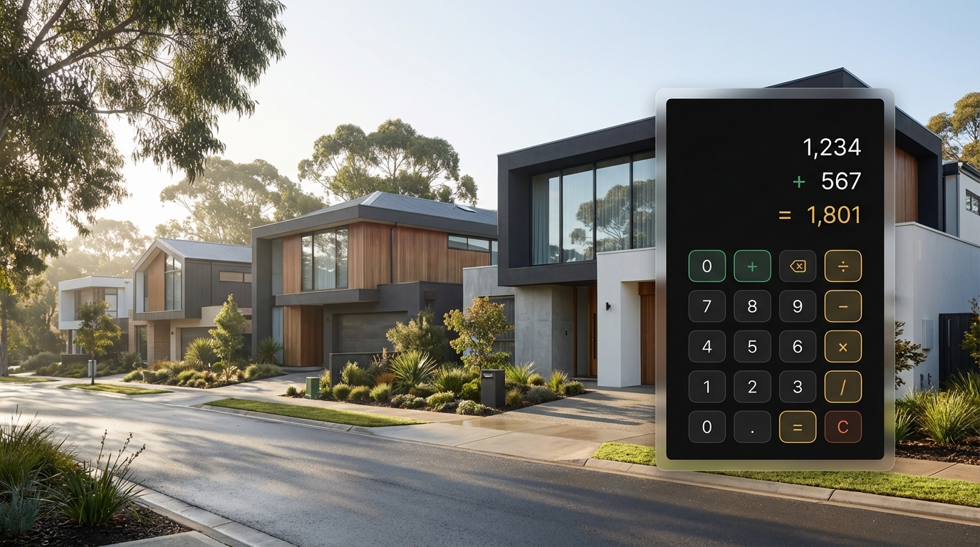 Calculator and street view illustrating salary needed to buy a $400,000 house
