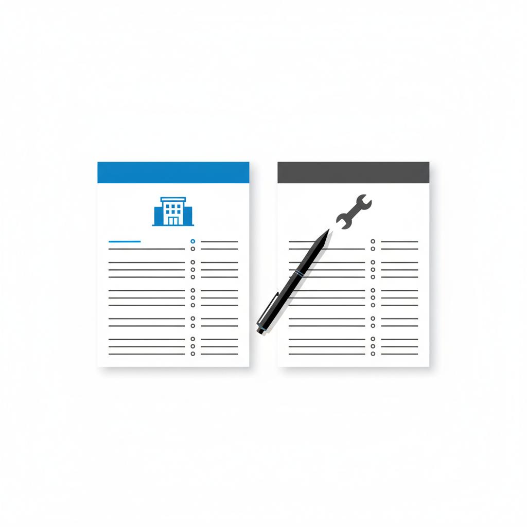 Overhead vector illustration of two itemized repair estimates on a white desk one with a blue dealer icon one with a dark wrench icon and a black pen car auto dealers near me