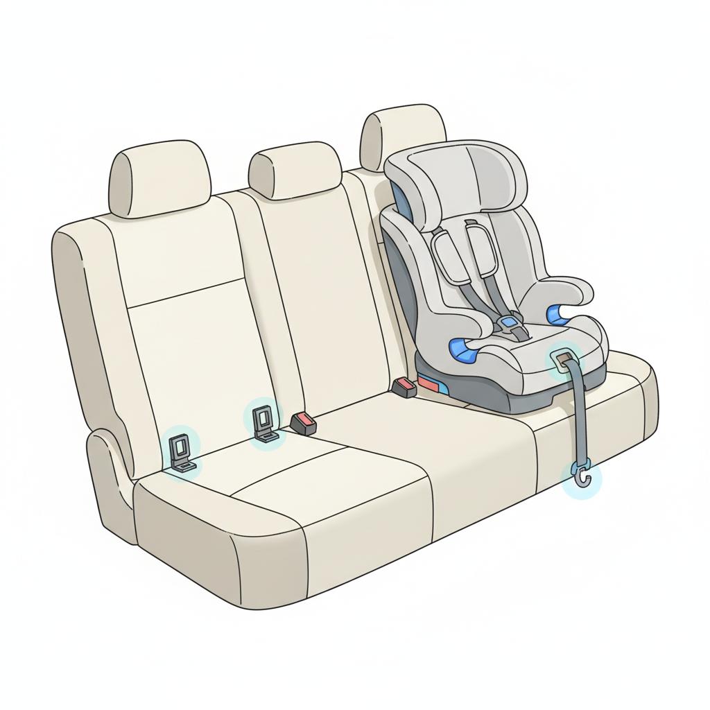 Minimalist 2D vector rear seat showing a child seat installed with highlighted latch points in CarFax Deals palette for best used cars 2026