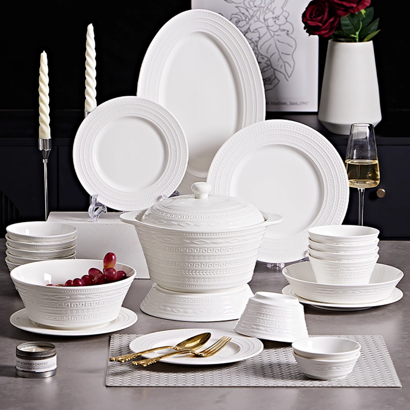 Porcelain dinnerware set with gold rim, luxury design