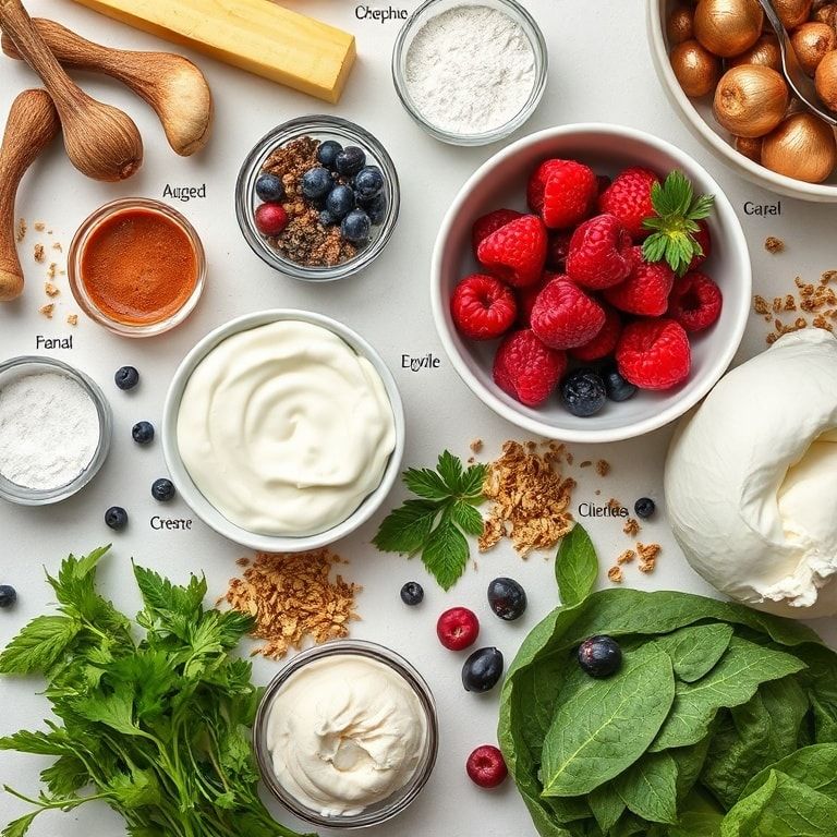 Ingredients for Creamy Berry Parfait Recipe with Greek Yogurt and Granola – Easy Homemade Dessert