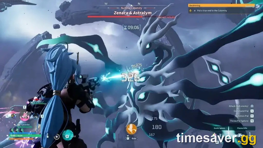 Zenara & Astralym, the Level 80 final boss of Palworld 1.0, fought inside the Sealed Sanctum — the health bar shows its ~420,000 HP.