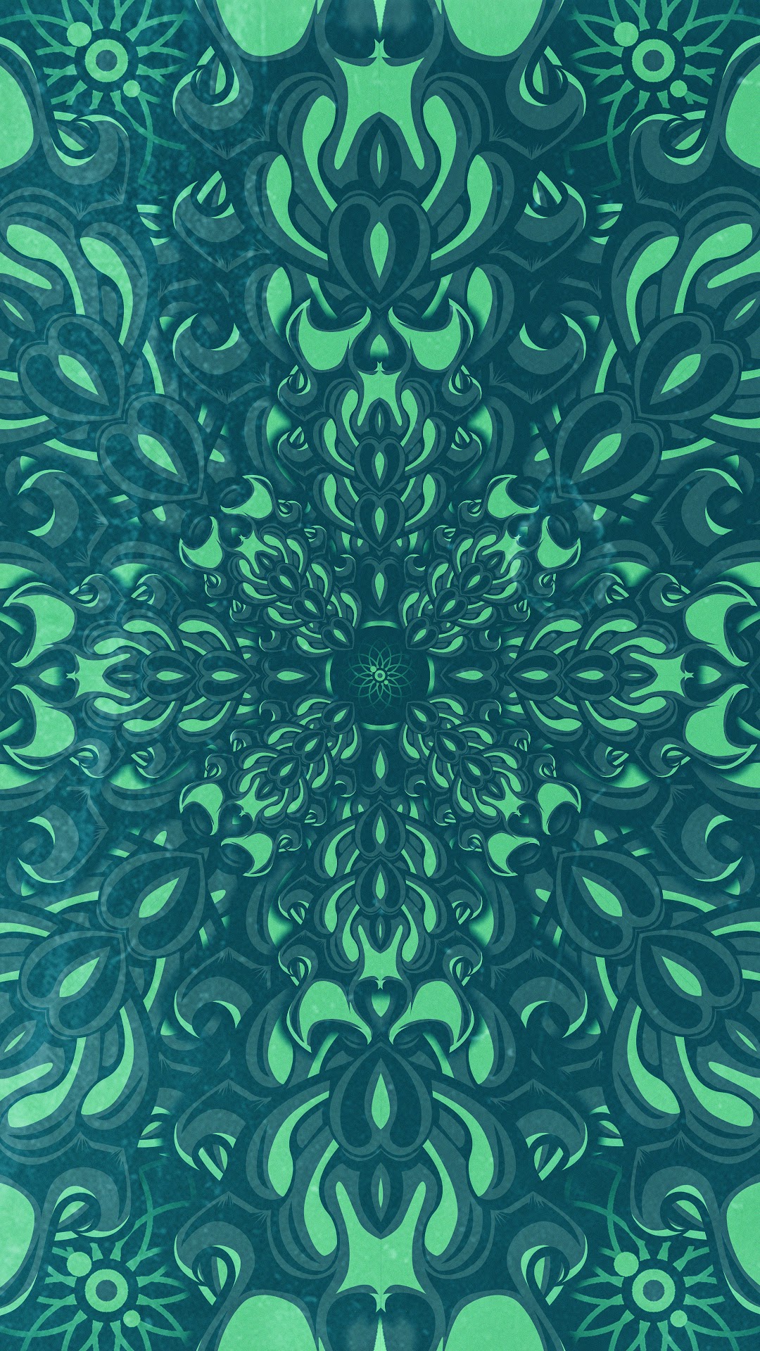 Symmetrical abstract background with layered green leaves, pointed shapes, and dark graphic outlines.