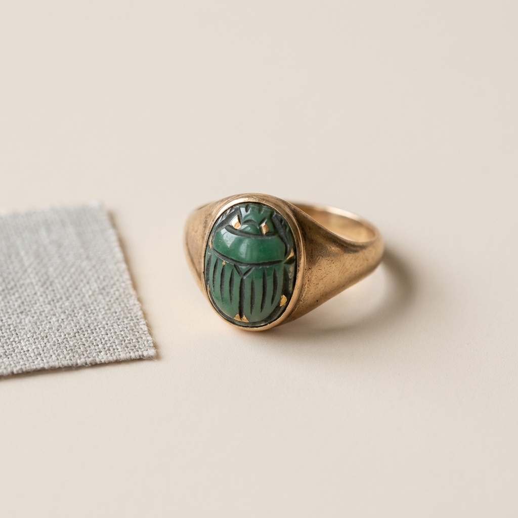 Minimalist close up of an antique scarab ring on a pale beige background ede7da showing aged gold patina and green stone inlay with a small linen accent in c2bdb6